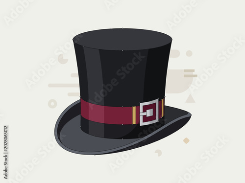 Classic Black Top Hat with Red Band and Buckle, Vector Illustration of Elegant Headwear