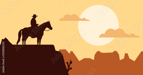 Tableau sur toile Cowboy riding horses at sunset silhouette background