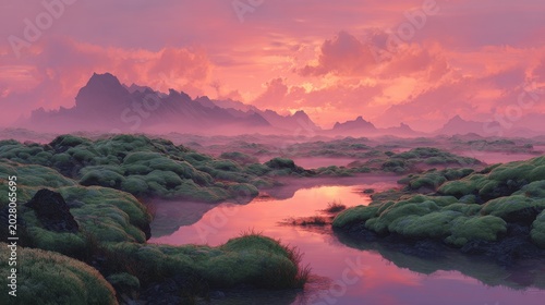 Surreal sunset: plush moss carpet across volcanic terrain in Iceland