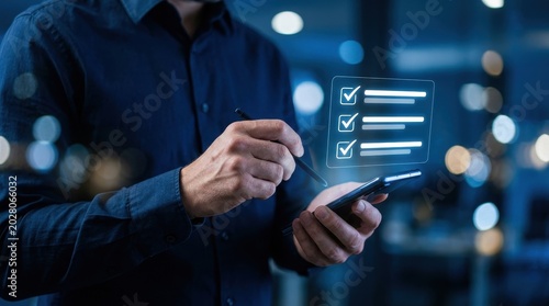 Businessman interacting with digital checklist hologram on smartphone
