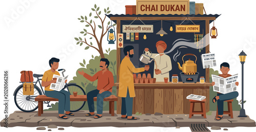 Photos Traditional Indian chai stall vector illustration with local tea shop customers