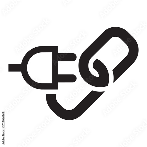 Stylized icon representing electrical plug and chain link with electricity connection attachment component technology abstract minimalist isolated monochrome industry business equipment