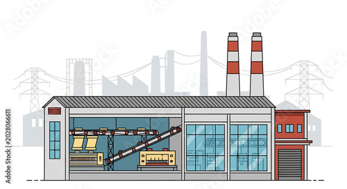 Industrial Factory Building with Machinery.