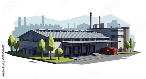 Industrial Factory Building With Parking Lot.