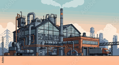 Industrial Factory Building with Smokestack.
