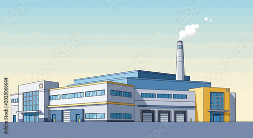 Industrial factory building with smokestack.