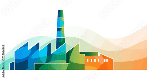 Industrial Factory Building with Smokestack.