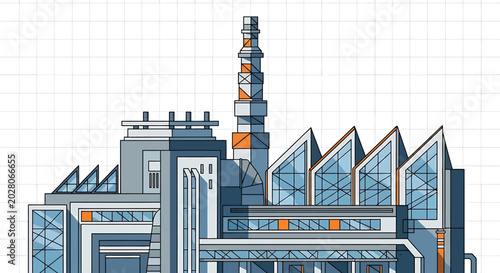 Industrial factory building with smokestack.