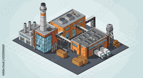 Industrial factory building with smokestack.