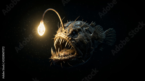 Anglerfish swims through the deep dark ocean while using its glowing bioluminescent lure to attract prey in the mysterious and extreme conditions of the unexplored underwater world of the abyss.