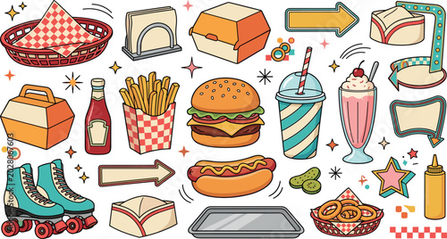 Bild auf Leinwand Retro diner fast food vector element set with burger fries hotdog milkshake roll