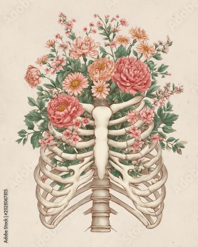 A detailed illustration of a ribcage filled with blooming flowers and green leaves, blending anatomy with nature in a vintage botanical style.