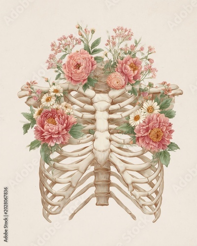 A detailed anatomical ribcage illustration intertwined with blooming flowers, blending human anatomy with floral beauty in a vintage artistic style.