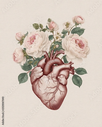 An anatomical heart illustration with delicate pink roses blooming from its vessels, blending human biology and floral beauty in a vintage art style.