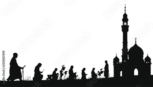 Group of people gather near a grand mosque to participate in a communal prayer session while the sun sets behind the structure to create a powerful and symbolic image of faith and togetherness.