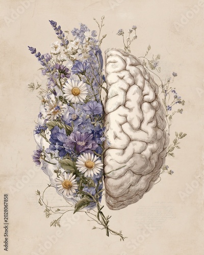 Half brain, half bouquet of flowers, symbolizing the harmony between intellect and nature.