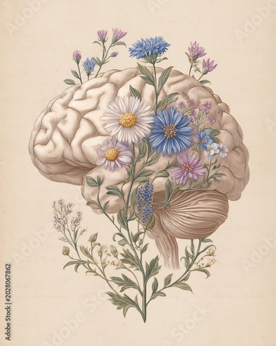 An artistic illustration of a human brain intertwined with blooming wildflowers, blending anatomy with nature in soft pastel tones.