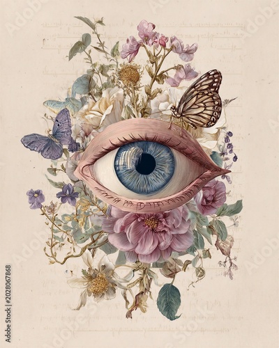 A surreal collage featuring a realistic blue eye surrounded by blooming flowers and delicate butterflies on a vintage background.