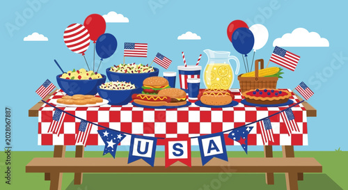 Принти на полотні American food on a picnic table.