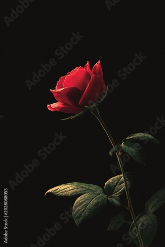 A single red rose with green leaves stands out against a dark, black background, highlighting its delicate petals and natural elegance.