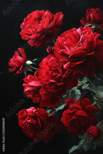 A close-up of vibrant red roses with lush petals and green leaves against a dark background, highlighting their rich texture and deep color.