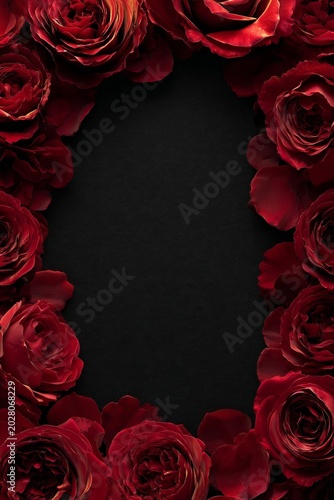 A frame of deep red roses around a black textured background, creating a romantic and elegant floral border.