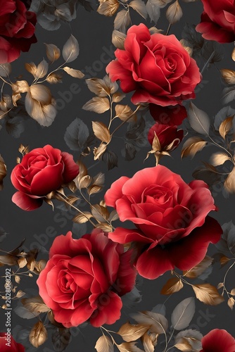 Elegant red roses with golden leaves on a dark background create a luxurious and romantic floral pattern.