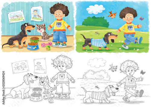 Cute and funny boy playing with his dog. Set of illustrations for children. Coloring page