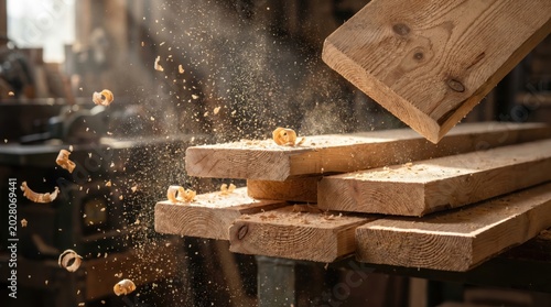 Freshly cut wood planks with sawdust and wood shavings flying in a carpentry workshop.