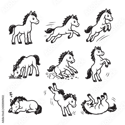 Cute Cartoon Pony Action Pose Collection Black and White Illustration
