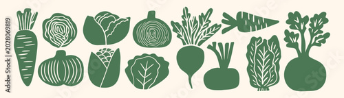 Linocut style green vegetable silhouette set — carrot, pumpkin, beet, corn, lettuce, chard and radish icons in rustic woodcut stamp illustration design