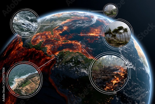 Earth infographic with connected climate events related to El Nino including storms, wildfires and ocean conditions, global environmental monitoring concept with copy space
