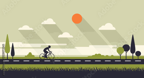 Photography Cyclist on Road, Summer Sun, Flat Design