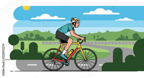 Cyclist riding bicycle on road through green countryside landscape