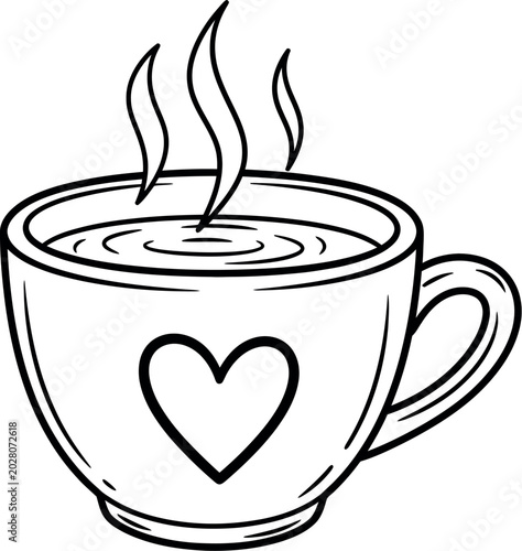 Coffee cup features a heart shape on the front with steam rising from the hot beverage.