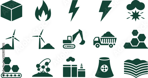 Tableau sur toile Mining industry icon set vector, coal extraction transport and power plant symbols for fossil fuel logistics energy infographics and industrial systems