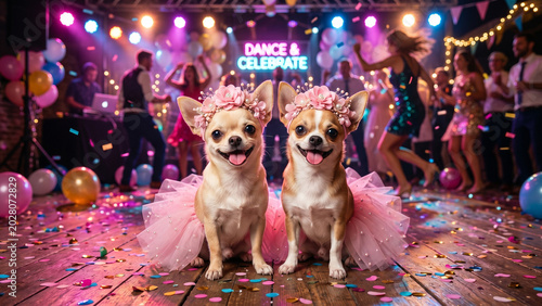 Cute Chihuahua puppies dancing on a dance floor of night club, wearing pink tutu party dress and flower crown 