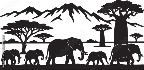 Obraz African wildlife, elephant herd, savannah landscape, black silhouette icons