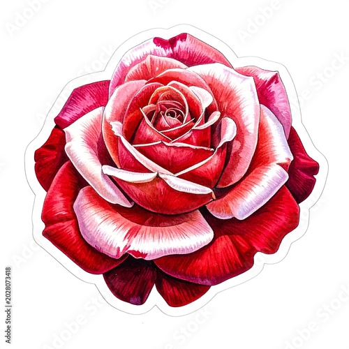 Red and white striped rose watercolor sticker isolated on white background