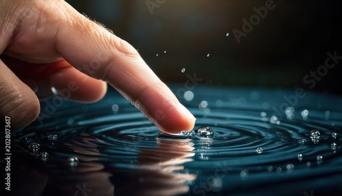 Finger touching water surface creating ripples and water droplets.