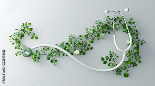 Eco medicine concept with stethoscope and growing green leaves