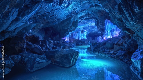 Underground crystal cave illuminated by bioluminescent river, realistic mineral reflections, fantasy realism atmosphere, ultra detailed rock textures, cinematic blue and purple lighting