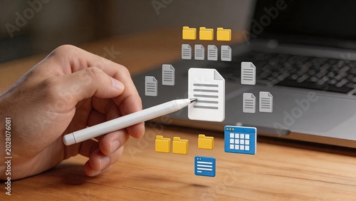 Hand using stylus pen interacting with floating digital file folders and documents, cloud storage concept, data organization, paperless office, document management system,