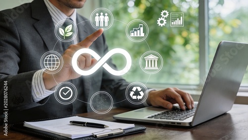 Man interacting with infinity loop icon surrounded by sustainability symbols, representing circular economy, green energy, recycling, and continuous business improvement processes.
