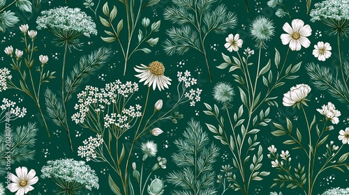 Cute summer meadow flowers and leaves, drawn by hand, are scattered across a green background in an artistic style.