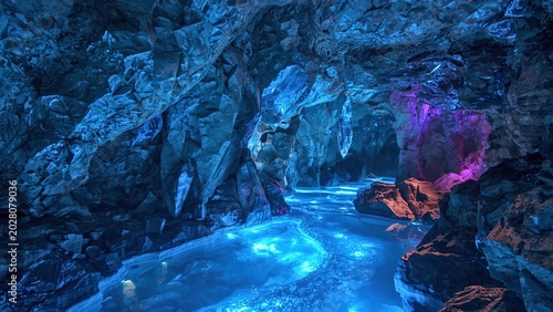 Underground crystal cave illuminated by bioluminescent river, realistic mineral reflections, fantasy realism atmosphere, ultra detailed rock textures, cinematic blue and purple lighting