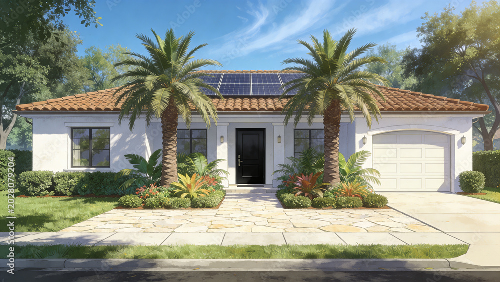 Fototapeta premium A serene suburban home with solar panels on its terracotta roof surrounded by palm trees and lush greenery on a sunny day.