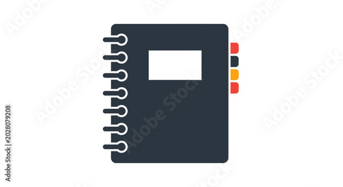 Black spiral bound notebook with tabs.