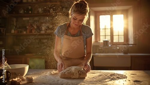 Female baker preparing artisan bread in rustic countryside kitchen at sunrise, floating flour particles, warm natural window light, realistic dough textures, cinematic cozy atmosphere
