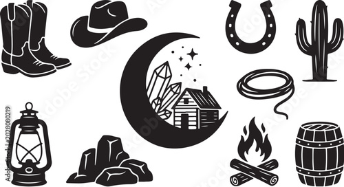 Western cowboy icons, rustic desert vector elements set